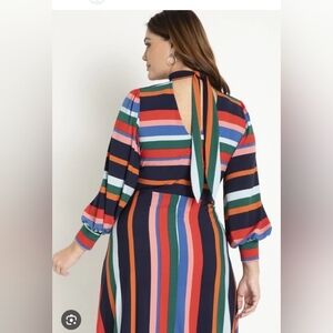 Eloquii Navy Multi-Color Striped Long Sleeve A-Line Dress